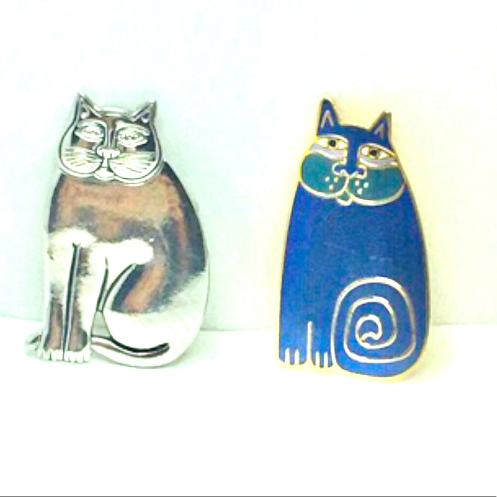 COPY - 2 of vintage laurel Burch  cat brooch pins silver blue tone.Laurel Burch…